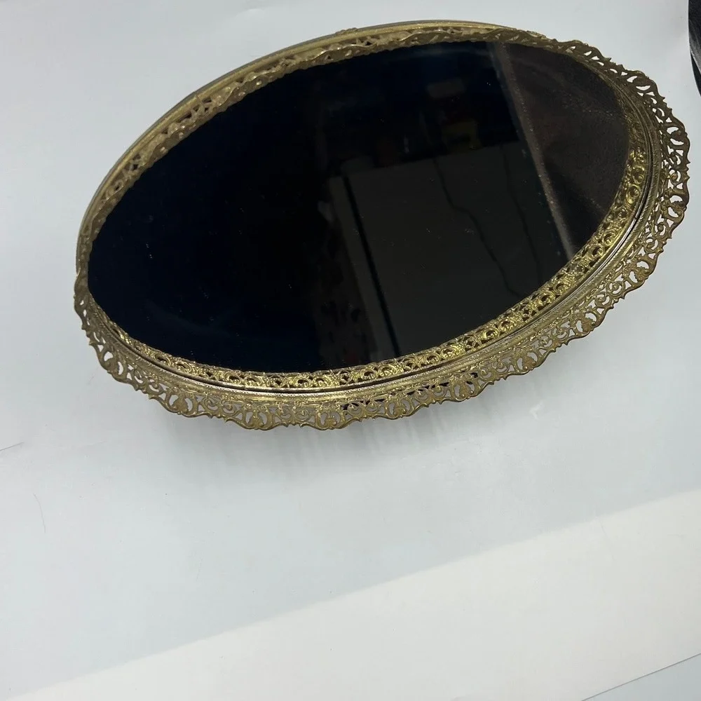 Vintage Oval Mirrored Vanity Tray Gold Tone Ornate Filigree Frame 14 Inch Mirror